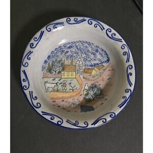 Vintage Patamban Michoacan Folk Art Pottery Bowl Hand Painted 8.5" Signed